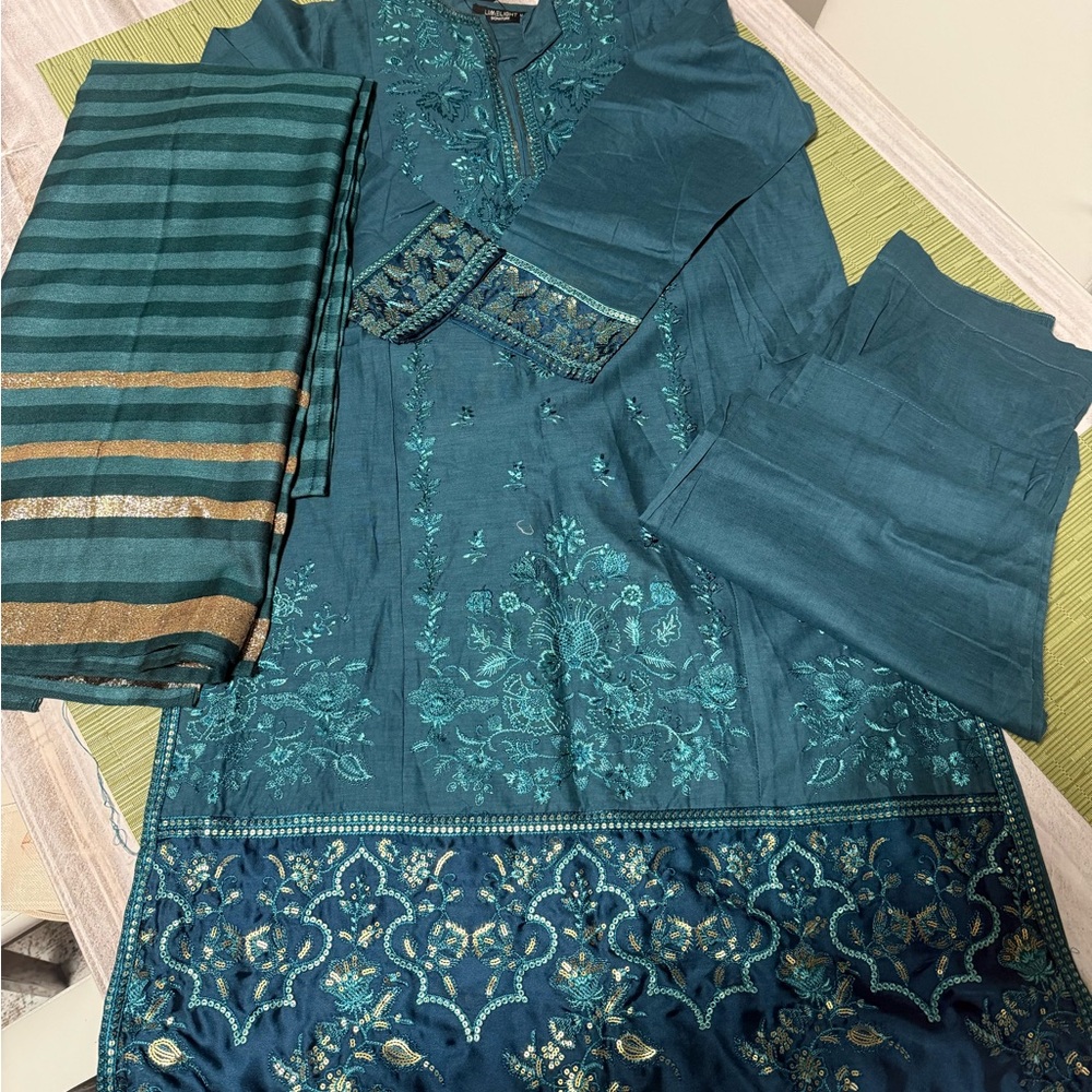 Limelight Teal Embroidered 3-Piece Dress Set with Gold Accents